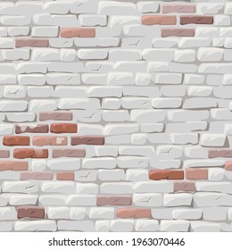 Brick red wall painted white stucco. Seamless background brickwork. Old shabby house facade. Vector isolated pattern.