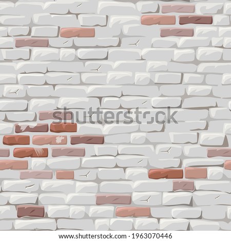 Brick red wall painted white stucco. Seamless background brickwork. Old shabby house facade. Vector isolated pattern.