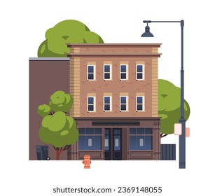 Brick residential building with a shop on the ground floor on isolated background. Vector flat illustration