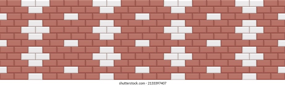 Brick seamless tile. Subway wall texture. Ceramic pattern. Apron faience print. Metro backdrop. Vintage rectangle brickwall. Cement kitchen backsplash. Vector illustration. Stone surface background