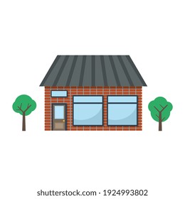 Brick shop building with big windows flat vector illustration