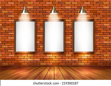 Brick show room with spotlights. Vector.