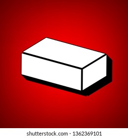 Brick sign illustration. Vector. Perspective view of white icon with black outline at reddish background.