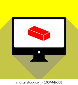 Brick sign illustration. Vector. Red icon on white monitor of black all-in-one desktop computer with two shadows at yellow background.