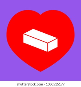 Brick sign illustration. Vector. White icon in red heart at lavender background.