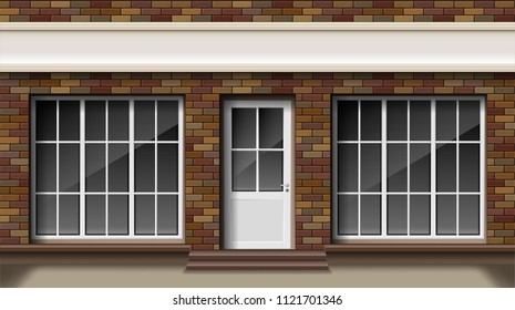 Brick small 3d store or boutique front facade. Exterior empty boutique shop with big window. Blank mockup of stylish realistic street shop. Vector illustration