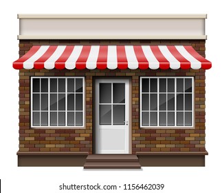 Brick Small 3d Store Or Boutique Front Facade. Exterior Boutique Shop With Window. Mockup Of Realistic Street Shop Isolated. Vector Illustration