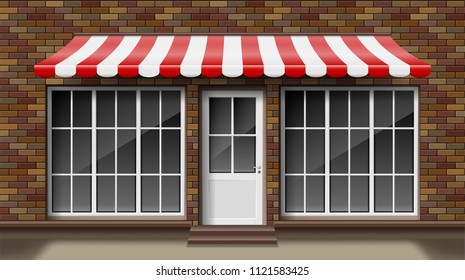 Brick small 3d store front facade Template with awning. Exterior empty shop or boutique with big window. Blank mockup of stylish realistic street shop. Vector illustration