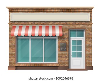 Brick small store building facade with big window and awning. Vector 3d realistic style.