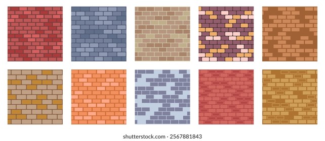 Brick solid or cavity walls, isolated interior tile collection. Vector brickworks texture. Cement stone or sand masonry building elements. House architecture units. Urban block construction