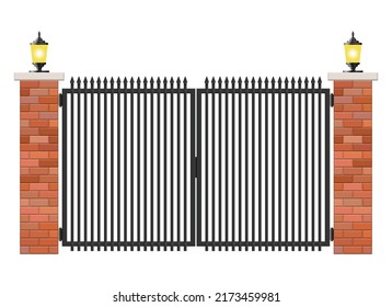 Brick And Steel Gate Isolated On White Background