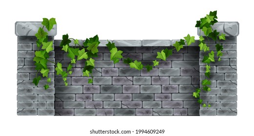 Brick stone fence vector illustration, house garden columns, ivy leaf, creeper plant, facade street view. Outdoor gray old barrier, manor wall, architecture design object. Brick cracked fence clipart