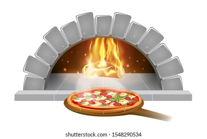 Brick Stone Oven Pizza Illustration Emblem Or Label For Pizzeria Menu, Isolated On White Background