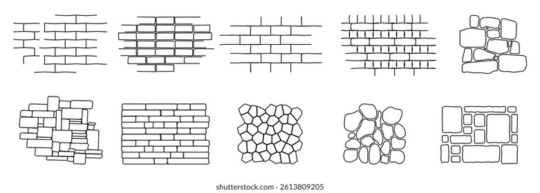 Brick and stone wall texture doodles set, hand drawn grunge wall pattern illustrations, sketch style construction surface backgrounds, rough ink vector design elements for textures and decoration