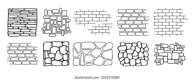 Texturas de pared de ladrillo y piedra dibujadas a mano. Clipart de línea de texturas de pared de ladrillo y piedra. Ilustración vectorial