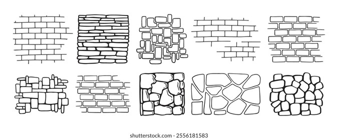 brick and stone wall textures doodle hand drawn. Outline drawing brick and stone wall textures line clipart symbol. Vector illustration