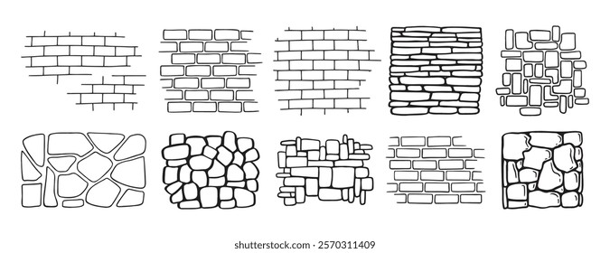 brick and stone wall textures doodle hand drawn. Outline drawing brick and stone wall textures line clipart symbol. Vector illustration