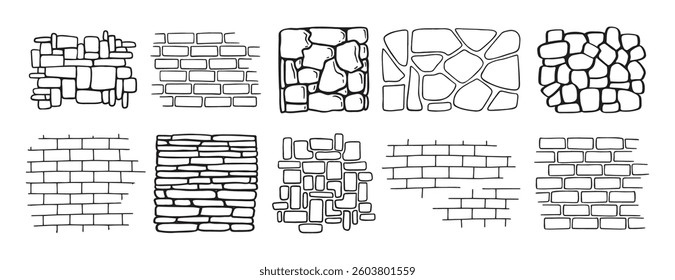 brick and stone wall textures doodle hand drawn. Outline drawing brick and stone wall textures line clipart symbol. Vector illustration