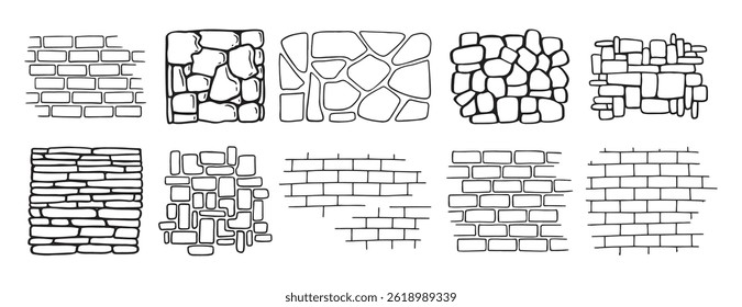 Texturas de pared de ladrillo y piedra dibujadas a mano. Clipart de línea de texturas de pared de ladrillo y piedra. Ilustración vectorial