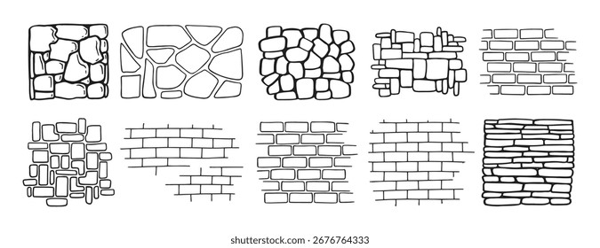 Ziegel und Stein Wand Texturen doodle handgezeichnet. Umriss Zeichnung Ziegel und Stein Wand Texturen Linie Clipart-Symbol. Vektorgrafik