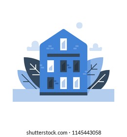 Brick terraced house, residential neighborhood, sweet home, cozy blue building exterior, real estate concept, vector icon, flat design illustration