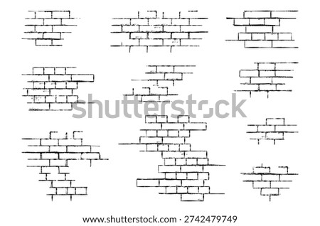 Brick texture of barrier. Vector stone building wall sketch collection. Old masonry grunge elements of simple architecture blocks. Brickwork pattern. House brickwall. Exterior cladding set