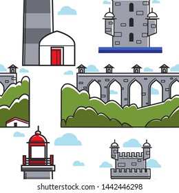 Brick Turm und Brick-Leuchtturm nahtlose Muster Vektor Portugal Architektur und Wahrzeichen Portugiesischer Sehenswürdigkeiten Tourismus antiker Bau endlose Struktur Burg und Bake-Tapete-Tapete-Druck