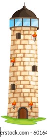 Brick tower with torches and windows illustration