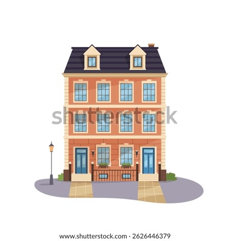 Brick townhouse building in flat style. Modern duplex exterior. Isolated clip art on white background. Perfect for city living, architecture, rural and urban concepts. Vector illustration.