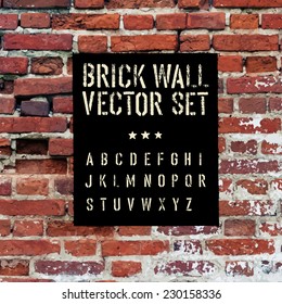 Brick traced texture, stencil alphabet and grunge rectangle. Three in one. Vector set