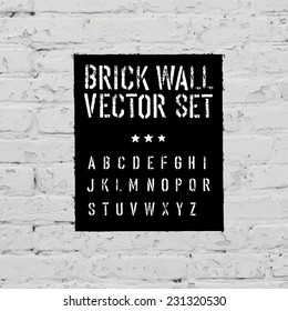 Brick traced texture, stencil alphabet and grunge rectangle. Three in one.  Vector set