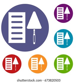 Brick and trowel icons set in flat circle reb, blue and green color for web