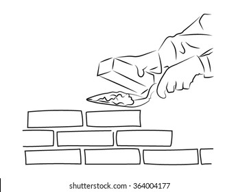 Brick and trowel. Man in one hand holds the spatula, the other brick. Pencil vector drawing on the theme of construction.