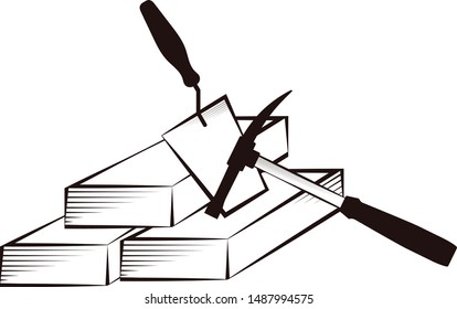 Brick trowel and pickaxe symbol for building