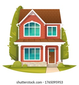 Brick two story house in the English style. Rent or sale of real estate. Vector illustration in cartoon style