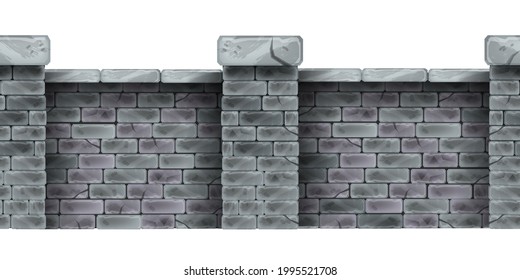 Brick vector fence, stone house wall seamless border, rock gray tiles, column isolated on white. Garden manor barrier illustration, architecture outdoor design element. Old classic brick wall clipart