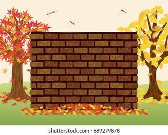 Brick wall in autumn landscape vector background