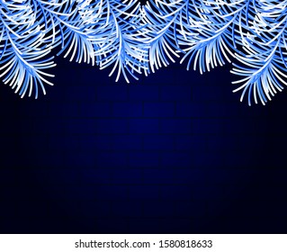 Brick wall background with branches of xmas tree. Vector illustration