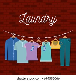 brick wall background of clothes in hangers vector illustration