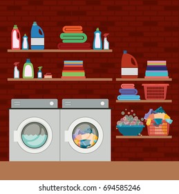 brick wall background of clothes with wash machines and elements of home laundry vector illustration