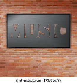Brick wall background music template with the inscription Music, for posters, leaflets and booklets.
