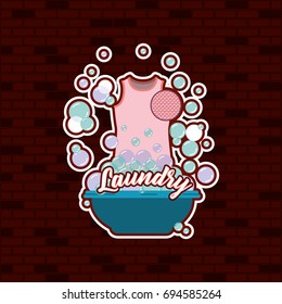 brick wall background of pink blouse female cloth in basin with soap laundry text vector illustration