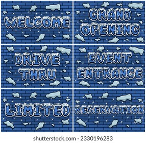 Brick Wall Background Set of  Lettering With Snow Ice Font In For Sign Template. Text Effect and Simple Gradients. Vectors Illustrations.