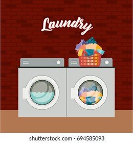 brick wall background of set wash machine laundry an pile dirty clothes in plastic basin vector illustration