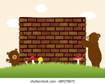 Brick wall with bears vector background