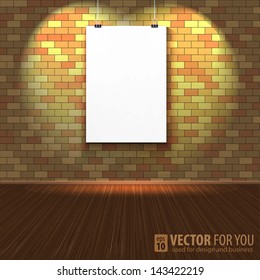 Brick wall with a blank page and lighting, wood floors, vector illustration