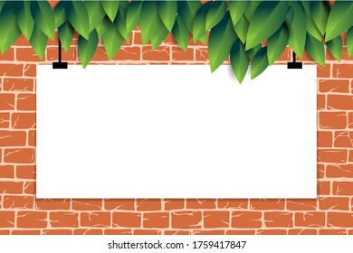 Muro de ladrillo con afiche en blanco, plantilla para promoción, ladrillos antiguos rectangulares para la decoración de la fachada de la casa de afiches.  Exterior vectorial duro, interior de la habitación, taller de herramientas, tienda DIY, centro de jardín o graffiti