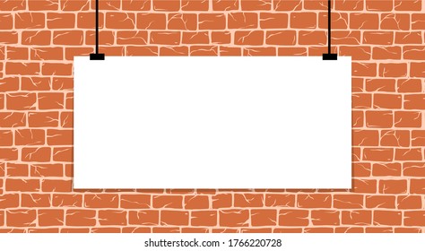 Muro de ladrillo con afiche en blanco, plantilla para promoción, ladrillos antiguos rectangulares para la decoración de la fachada de la casa de afiches.  Exterior vectorial duro, interior de la habitación, taller de herramientas, tienda DIY, centro de jardín o graffiti