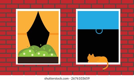 Bloco de parede de tijolo de janelas planas com gato e flores decorativas. Casas e arquitetura rural cidade arte vetorial