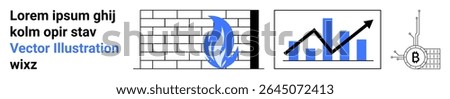 Brick wall, blue flame, black arrow on bar graph, and network node with chip symbols. Ideal for cybersecurity, data protection, business growth, analytics, fintech, network diagrams. Landing page